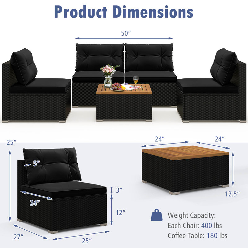 5 PCS Rattan Sofa Set Outdoor Wicker Furniture Set w/ Back Cushions & Square Coffee Table, Black