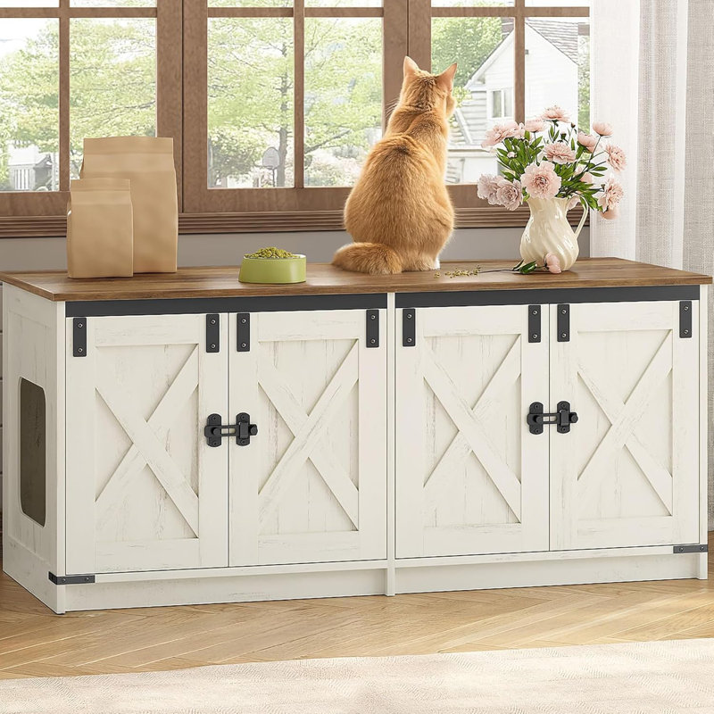 Enceinte de litière pour chat pour 2 chats, armoire à litière cachée avec chambre double, maison de chat d'intérieur, style maison de campagne, 46,7 x 18,9 x 21,1 pouces, brun rustique et blanc