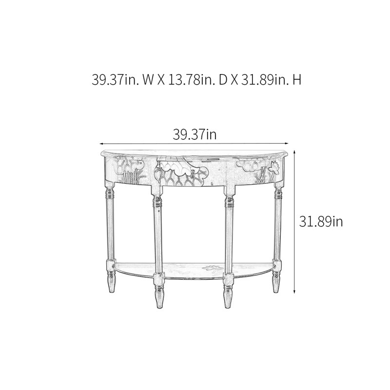 Half Circle Hand Drawn Console Table, 31.89" H x 39.37" W x 13.78" D