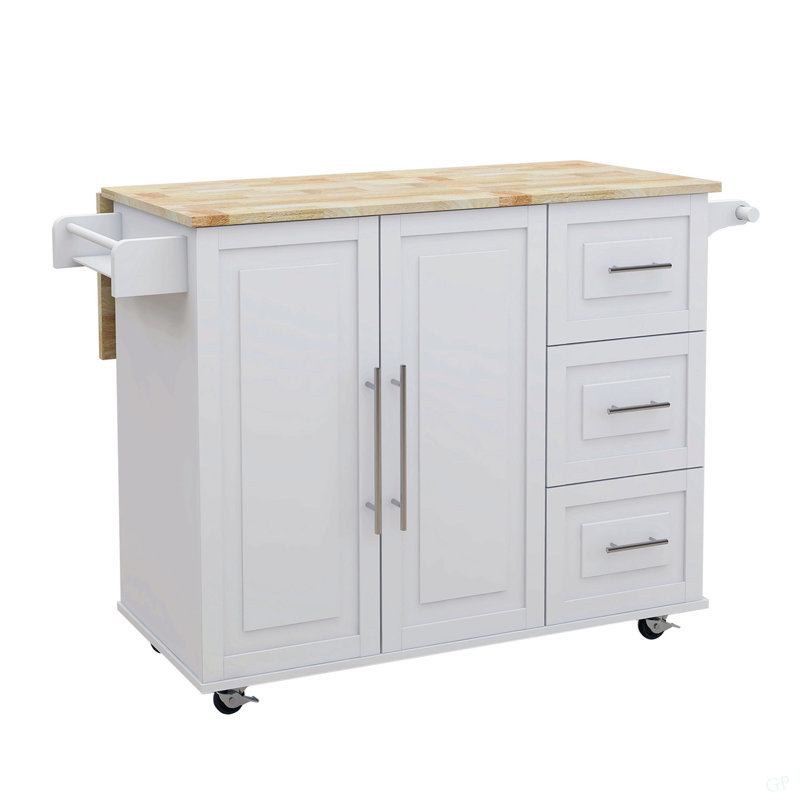 Kitchen Island With Spice Rack, Towel Rack And Extensible Solid Wood Table Top, White