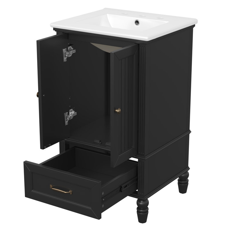 Meuble-lavabo de 20 po avec lavabo, armoire de salle de bain avec deux portes, butoir de porte magnétique et patins réglables, tiroir, noir