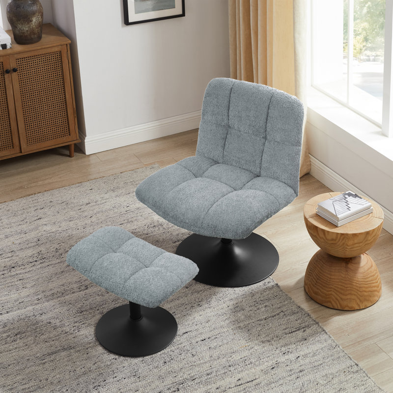 Upholstered Tufted Swivel Accent Chair With Ottoman, Height Adjustable Lounge Chair, Gray Terry Cloth