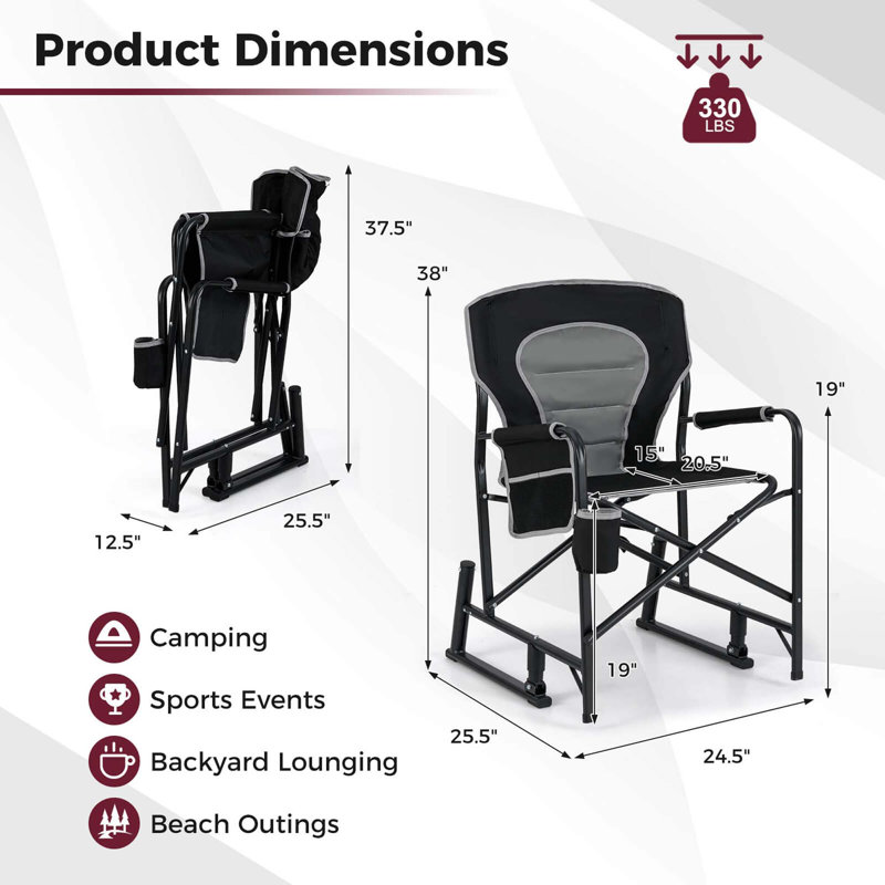 Outdoor Rocker Camping Chair for Adults with Dual Springs Padded Back, Black;Gray