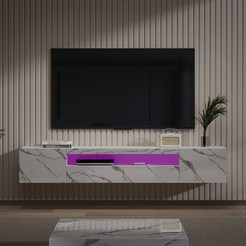 Modern Floating LED TV Stand Up to 80" TVs, Wall-Mounted Media Console with Storage, White Marble