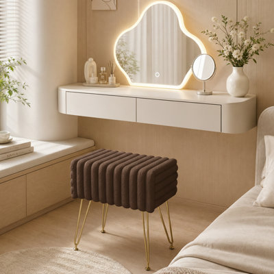 Modern Striped Faux Fur Vanity Stool with Metal Legs, Makeup Ottoman & Footrest for Bedroom