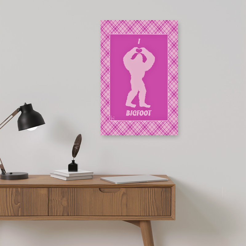 J'aime Bigfoot - Affiche murale abstraite contemporaine rose et fantaisiste, H 18 po x l 12 po