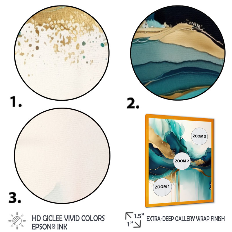 «Teal and Gold Abstract Expression II», art abstrait à l'encre liquide, H 32 po x l 24 po, Impression encadrée, Doré