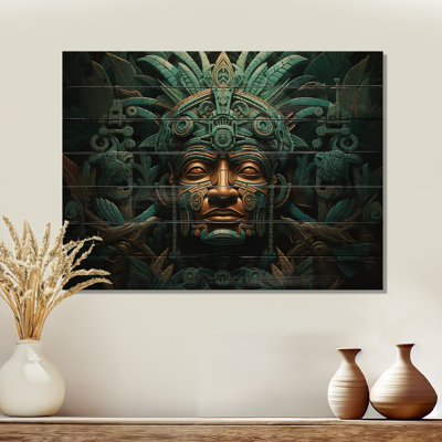 Maya Magic Aztec Mask I - Art mural mexicain sur bois de pin naturel