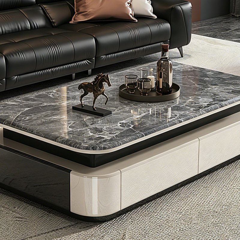 Table basse en pierre micro-cristalline avec rangement, H 16,5 po x L 63 po x l 31,5 po, Noir / blanc