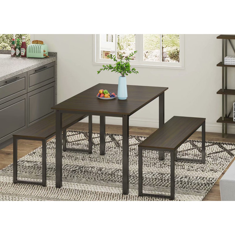 Ensemble de table de salle à manger moderne avec deux bancs Ebern Designs, HDT111002WR, Brun, Brun / noir, Noir