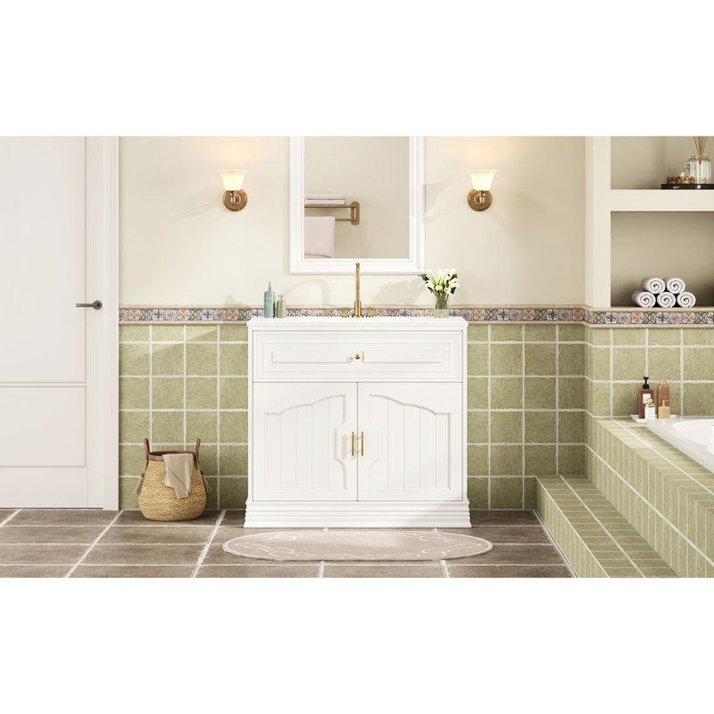 Meuble-lavabo moderne 35,02 po avec lavabo en céramique, mécanisme de fermeture en douceur et organisateur de porte d'armoire en bois massif renforcé, 2 portes, tablettes à trous multiples