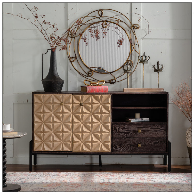 Buffet Mid-Century moderne avec motif géométrique 3D, bois massif et panneau de fibres à densité moyenne, 2 portes + 2 tiroirs pour un rangement polyvalent