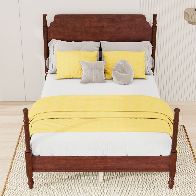 Lit plateforme en bois avec tête de lit et pieds centraux, Full, Noyer foncé