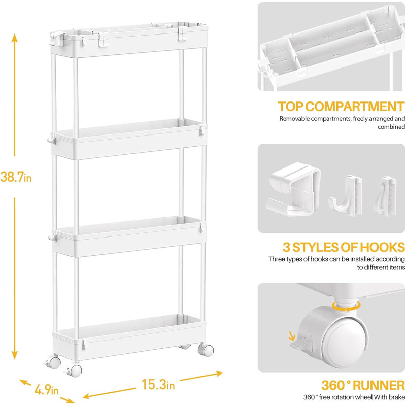 White 4-Tier Slim Rolling Storage Cart with Adjustable Shelves