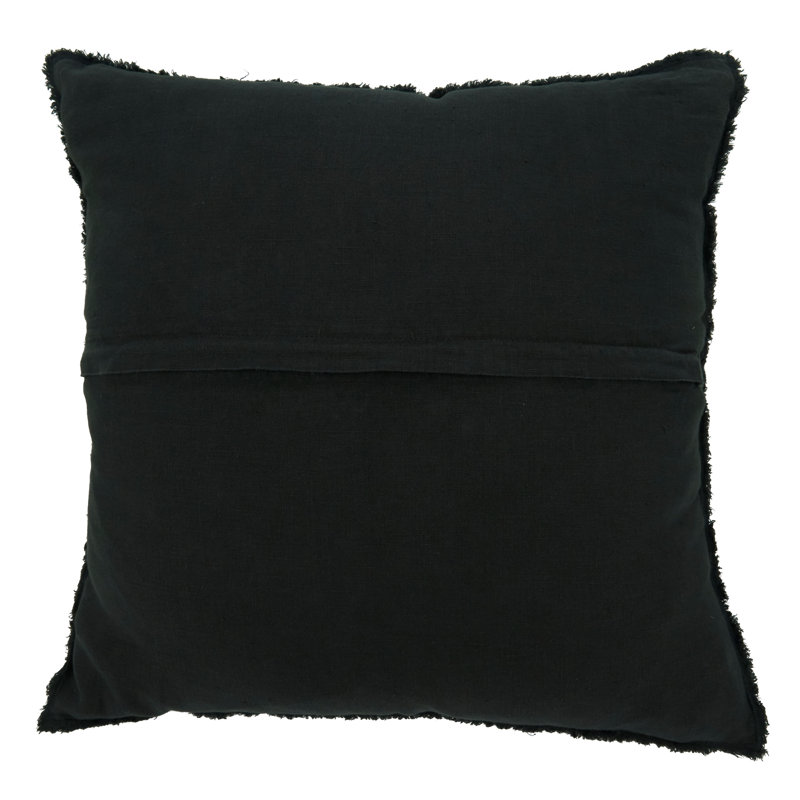 Black Linen Fringed Design Down-Filled Throw Pillow, 20"x20"