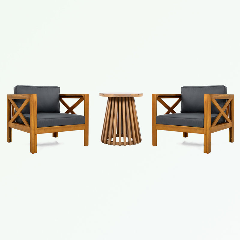 3 Piece Patio Conversation Set with Cushions and two armchairs, Dark Grey