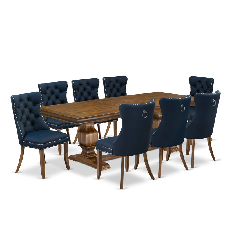 9 Pieces Dining Table Set Includes a Rectangle Table and 8 Navy Blue Polyester fabric Dining Chairs, Antique Walnut