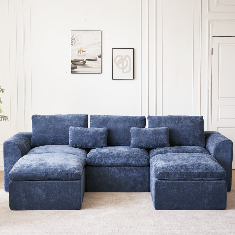 Canapé modulaire de 123 po avec méridienne et canapé en U pour le salon, Chenille bleu