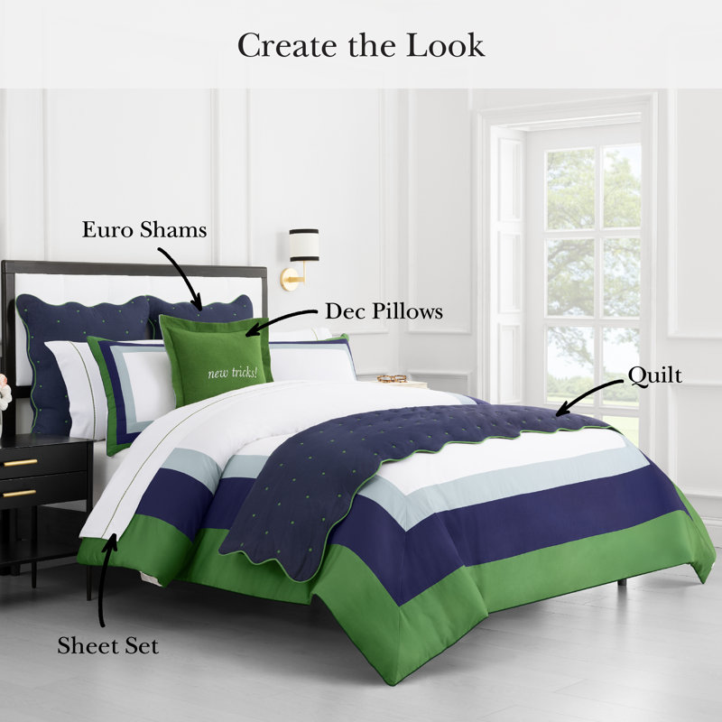 kate spade new york Color Block King Comforter Set, 300 Thread Count and 100% Cotton Cover, All Season 3 Piece Reversible Bedding Set, Machine Washable, Navy, Green and White 