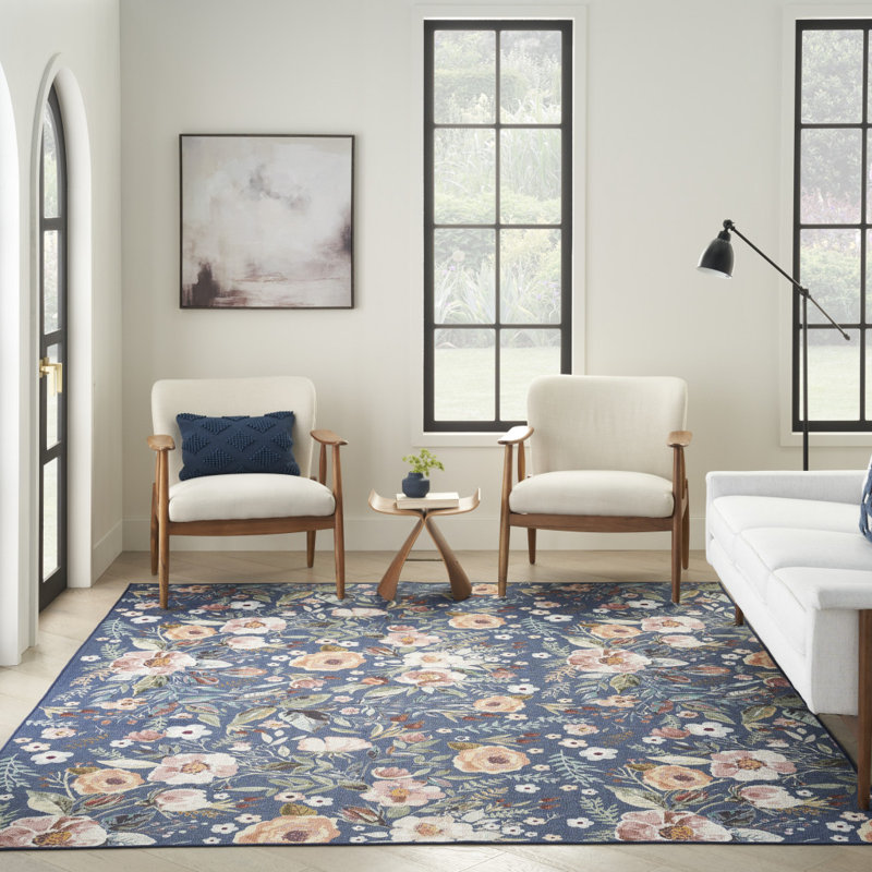 Tapis floral bleu et vert lavable à la machine 5 pi x 7 pi