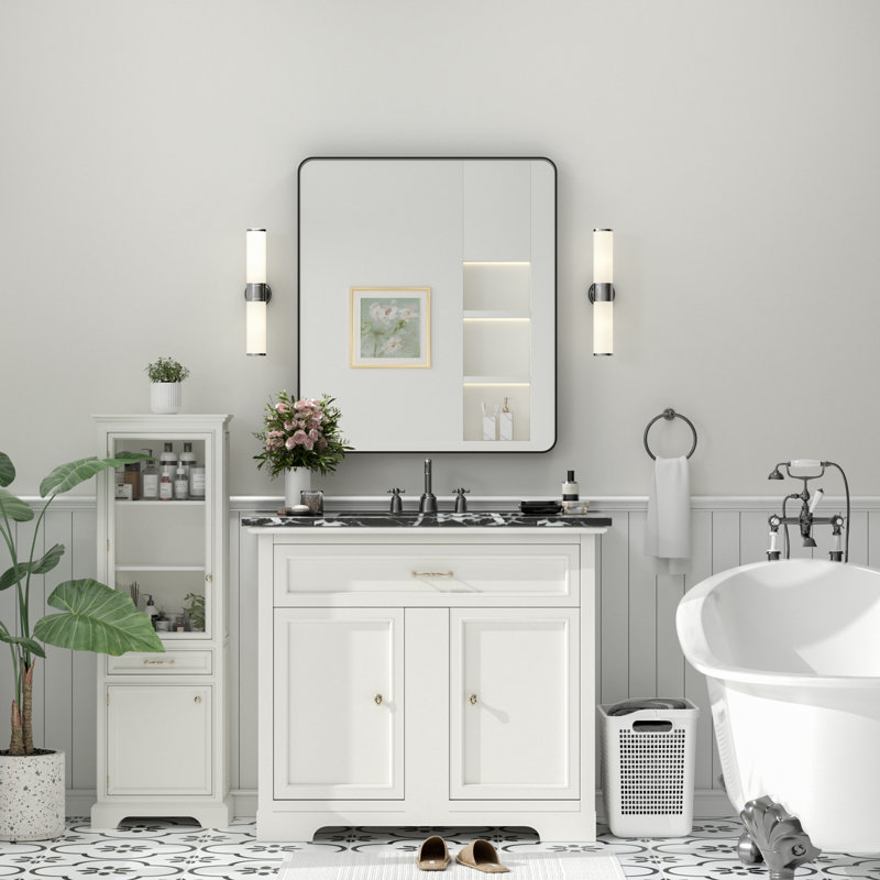 Molly Tempered Glass and Metal Framed French Cleat Mounted Wall Bathroom / Vanity Mirror, Black, 32'' x 28''