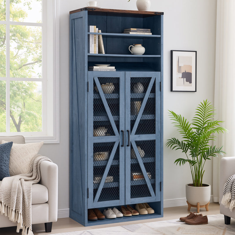 Farmhouse 10-Tier 72" Tall Shoe Storage Cabinet With Adjustable Shelves & Open Cubbys, Rustic Wooden Shoe Organizer With Mesh Doors For Entryway