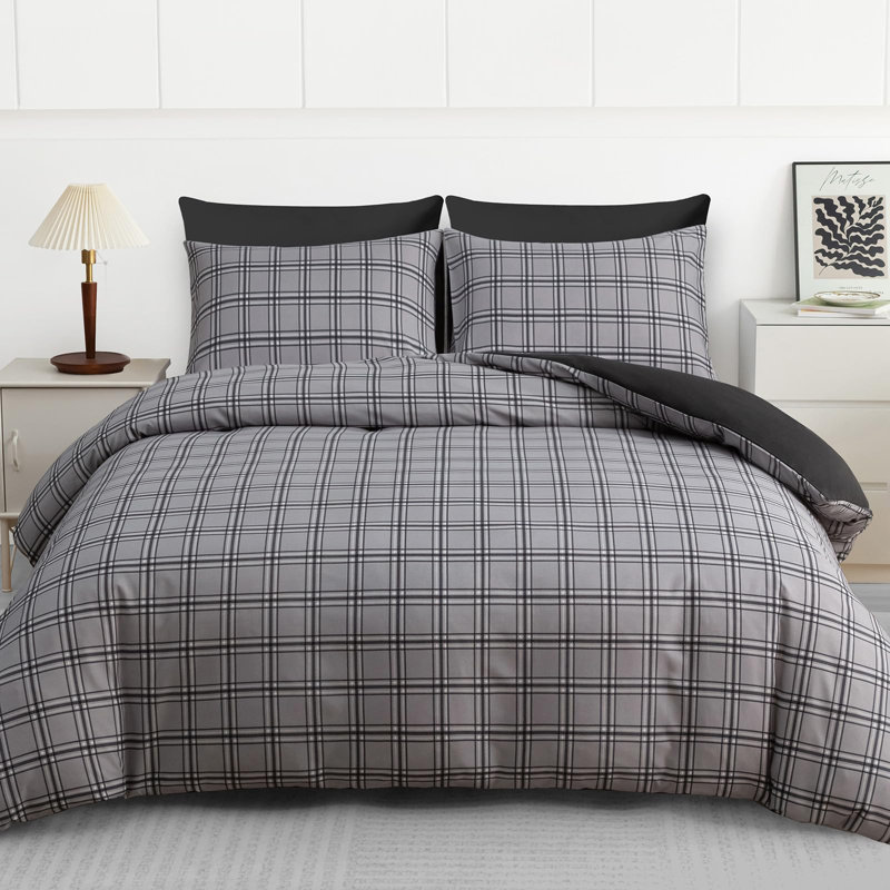 Microfiber Plaid [EU ONLY] Duvet Cover Set with Pillowcases Included, Super King Duvet Cover Set + 2 Pillowcases, Grey