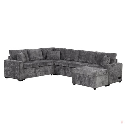 112.2" Sectional Sofa Pull-Out Sofa Bed Sleeper With A Storage Ottoman,Three Pillows And Charging Devices For Living Room, Grey