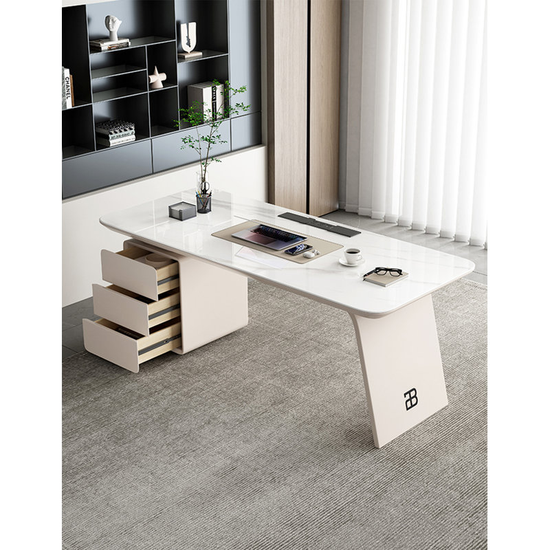 Bureau en pierre frittée clair de luxe avec tiroirs, H 29,5 po x l 63 po x P 27,6 po