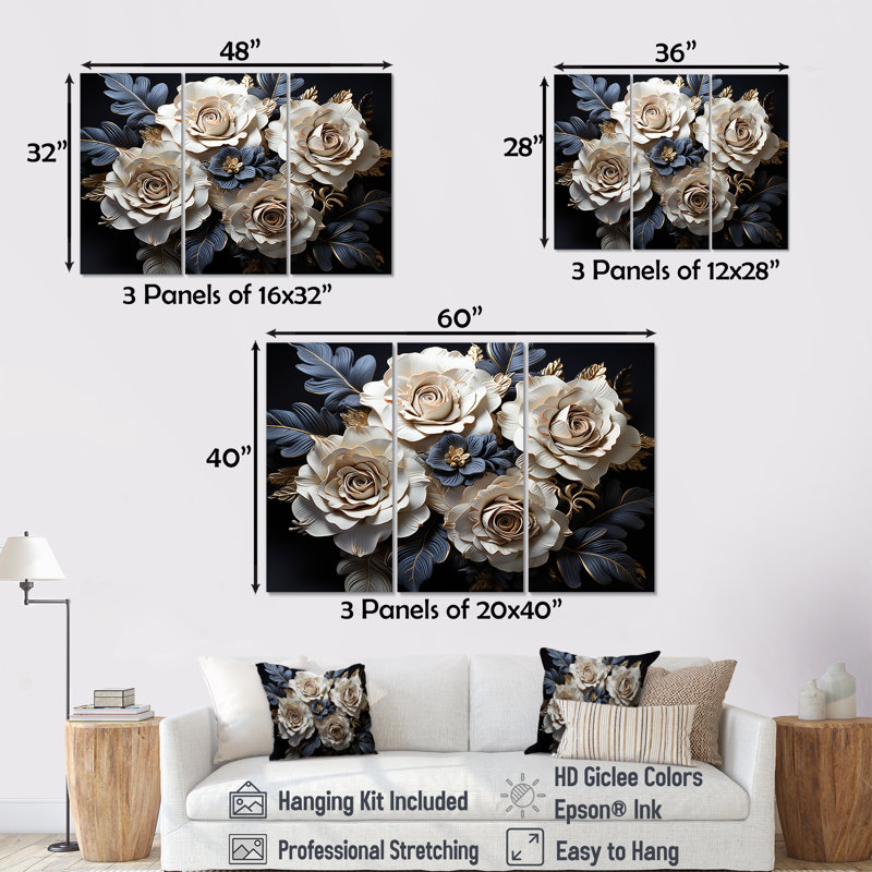«Gray and Gold Rose Passion I - Roses», ensemble de reproduction d'art mural, Toile tendue, H 40 po x l 60 po x P 1 po