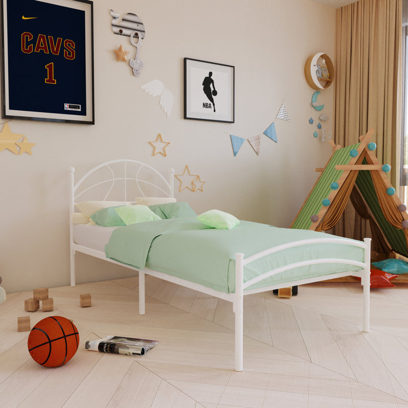 Metal Twin Bed Frame With Basketball Shaped Headboard, White