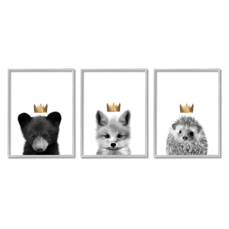 " Woodland Animals Bold Crowns Black Bear Fox Hedgehog " by Leah Straatsma 3 - Pieces, Farmhouse Grey Framed Giclee