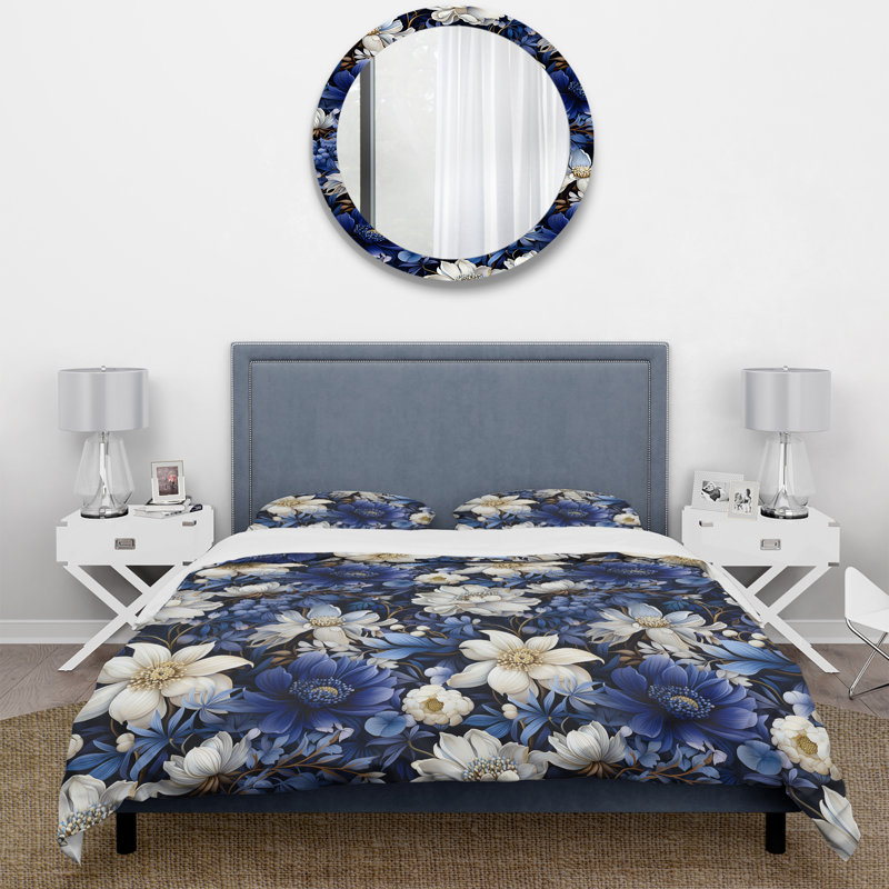 Ensemble de housse de couette Deep Indigo Moonlit Flowers II - Botanical, Housse de couette pour très grand lit et 2 très