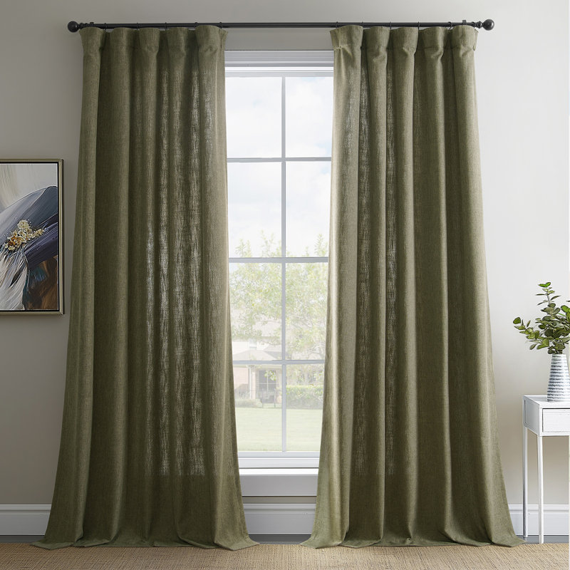 Basic Faux Linen Curtain Pair - 2 Panels - Light Filtering Window Curtains, Khaki Green, 50" W x 84" L