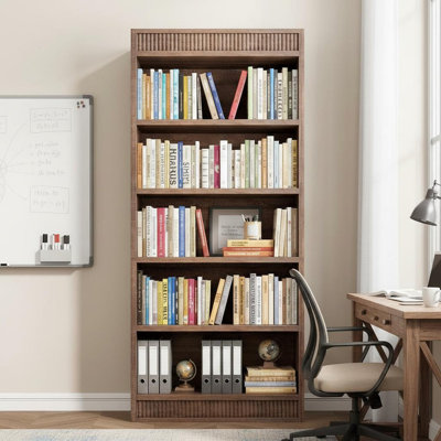 71 inch Tall Farmhouse Bookshelf with Fluted Design, 5-Tier Bookcase, Rustic Wood Shelves with Sturdy Base for Office, Library, Living Room Storage