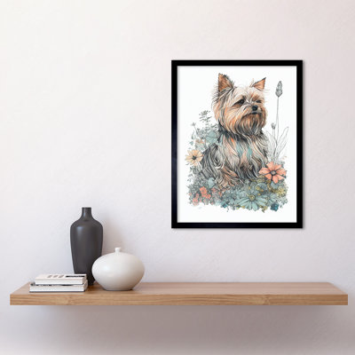 Yorkshire Terrier Dog In Wildflowers Bright Watercolour - Single Picture Frame Print