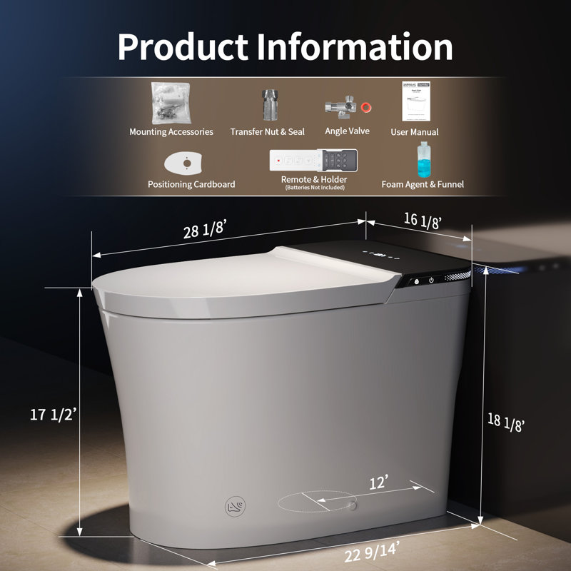 Smart Elongated Bidet Toilet with Foam Dispenser, Auto Open/Close Lid, Auto Flush, ADA Comfort Height, Heated Seat, Built-in Tank & Pump