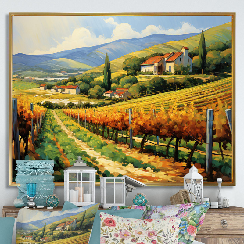 «Van Gogh», reproduction d'art sur toile - Vangogh Sunlit Vineyard II, H 34 po x l 44 po, Reproduction avec cadre flottant
