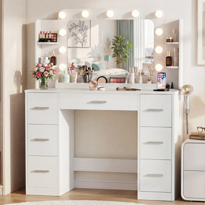Coiffeuse de maquillage avec lumières et prise de courant - miroir à DEL 3 couleurs, 14 organisateurs de rangement, table de maquillage pour chambre à coucher et vestiaire