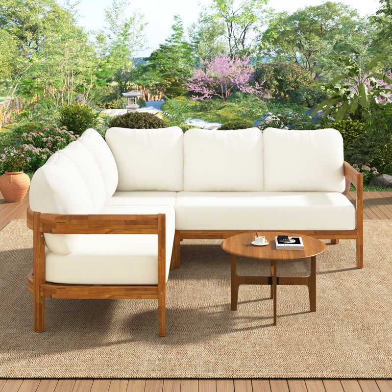 Galorex Modern Rustic Acacia Wood L-Shape Outdoor Patio Conversation Sofa Set with Thick Cushions, Arc Frame Design, Adjustable Feet & All-Weather Garden Seating