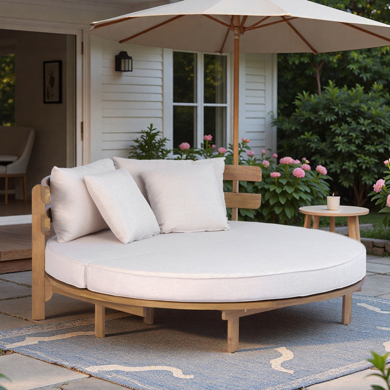 Lit de jour rond 59 po en bois d'acacia avec coussins et 4 coussins
