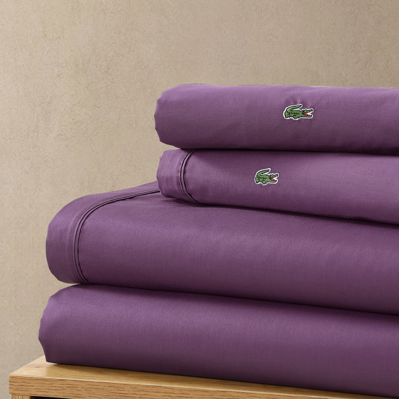 Lacoste Cotton Percale Sheet Set, Cooling & Breathable Bedding, Deep Pocket Fitted Sheet, Plum, King, Plum