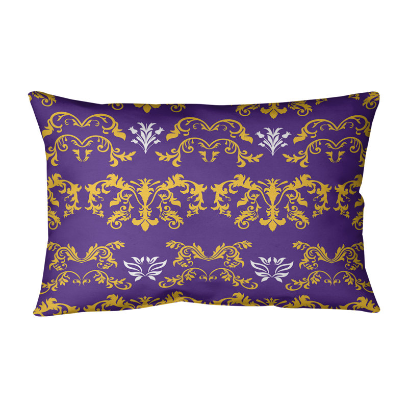 Minnesota Damask Linen Reversible Throw Pillow, Purple/Yellow/White, Faux Suede