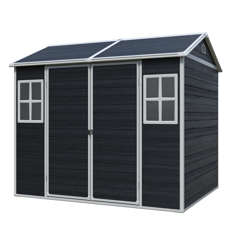 Remise de rangement extérieure en résine 8 x 6 pi imperméable avec plancher, deux fenêtres et une porte verrouillable, Noir