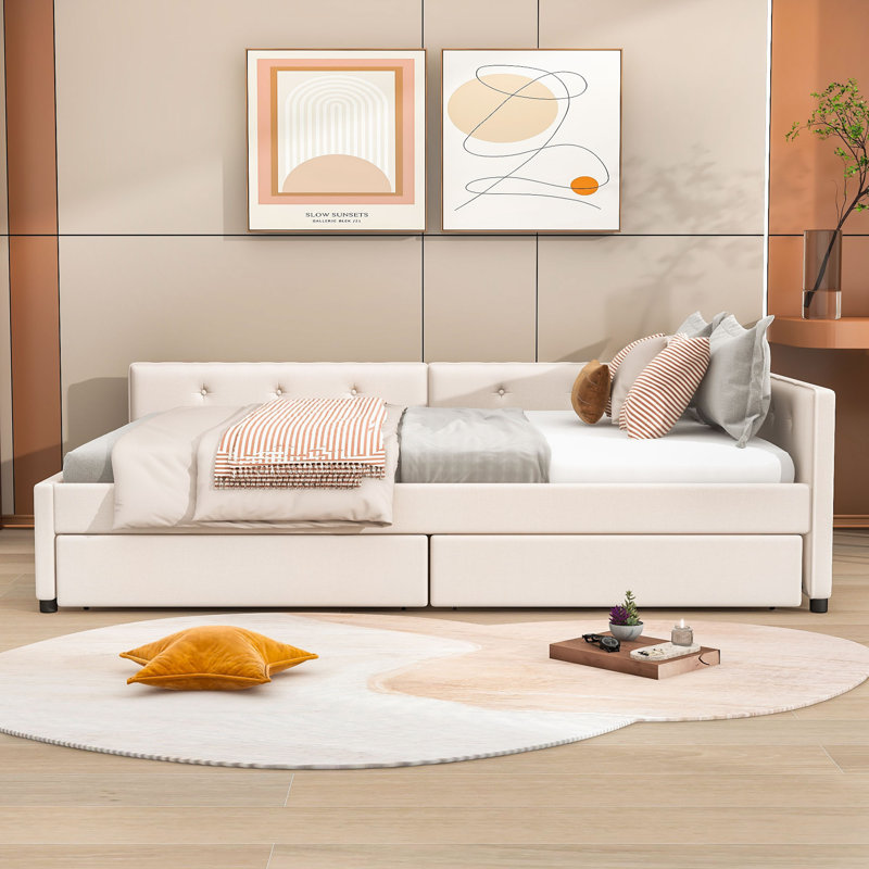 2 Drawers Wood Upholstered Daybed with USB Ports, Full / Double