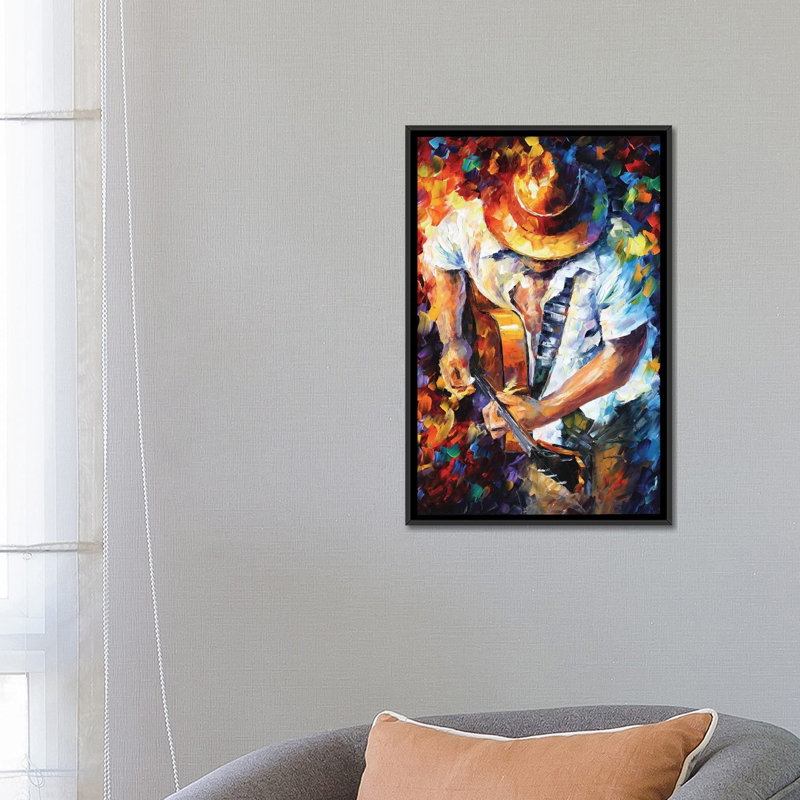 «Guitare et âme» par Leonid Afremov - Estampe numérique sur toile tendue avec châssis, H 26 po x l 18 po x p 1,5 po, Black