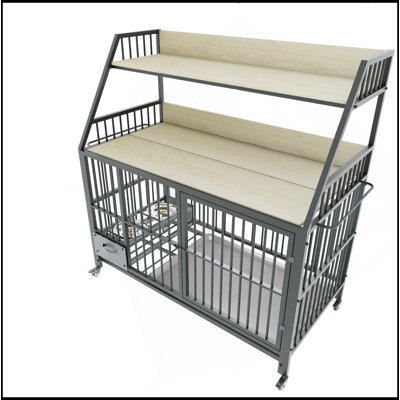 Large Pet Cage With Storage Rack, Drawers With Stainless Steel Food And Water Basins, Double-Layer Storage Rack Made Of Iron Frame And MDF Material, Sturdy, Exquisite, And Practical