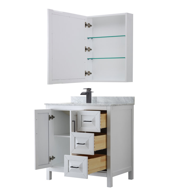 Daria 36'' W Single Vanity, Dark Blue, White Marble, Matte Black