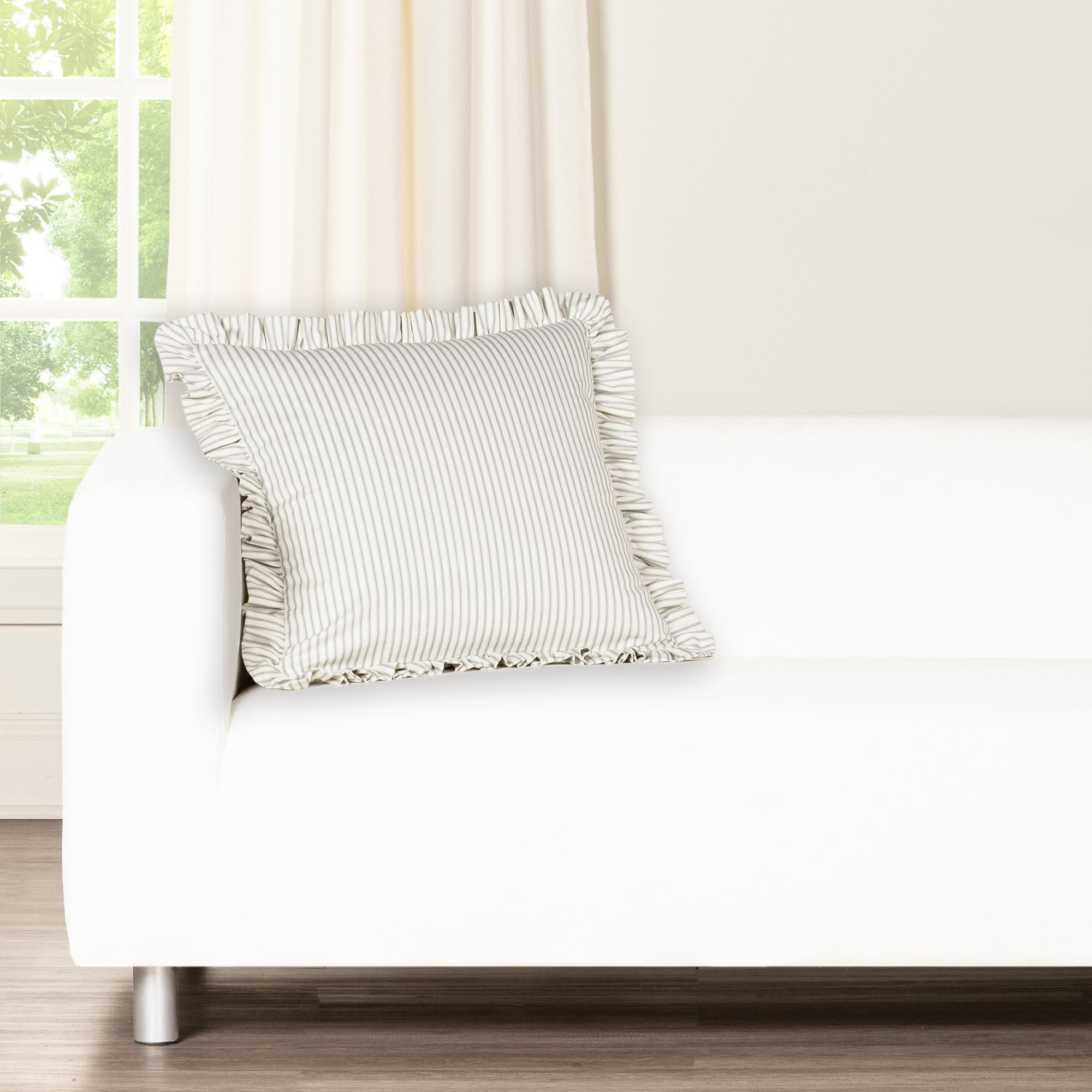 Birch Lane Ticking Stripe Ruffled Accent Pillow, Polyester, Gray