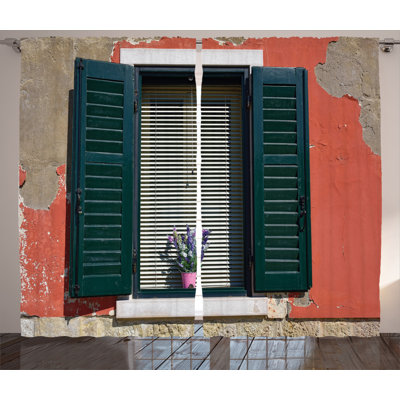 Old Italian Stone House with Shutters 2 Piece Semi-Sheer Curtain Panel Set